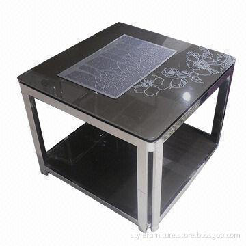Corner table with tempered-glass top and stainless metal frame